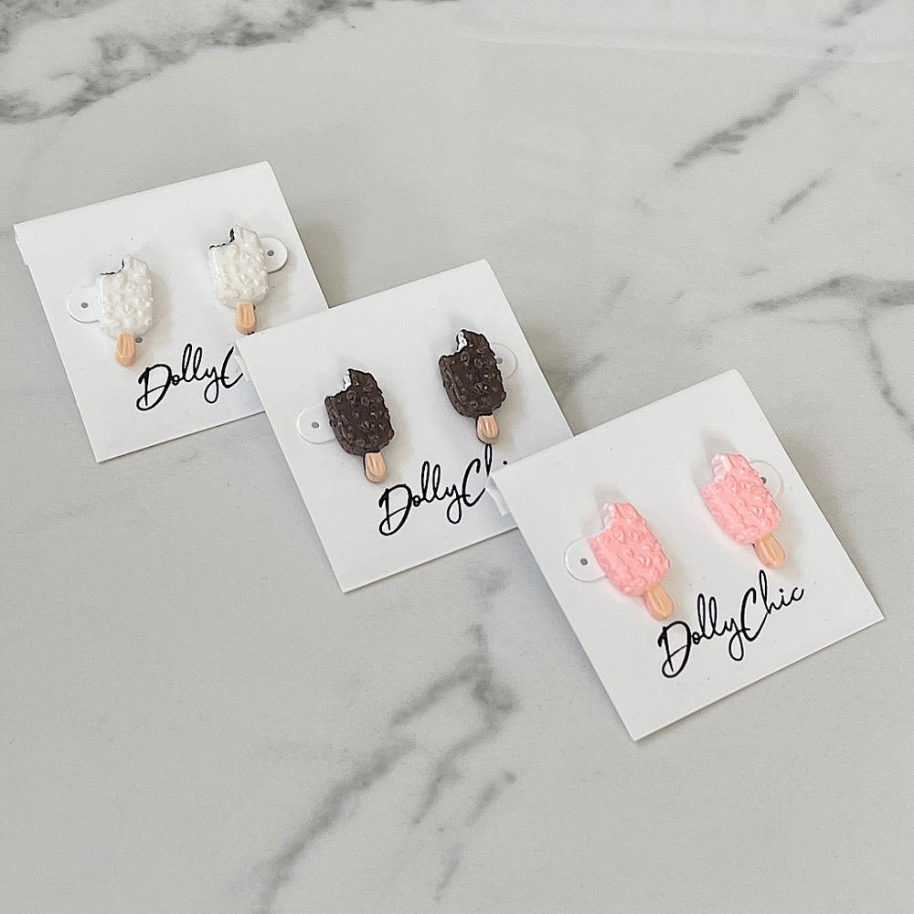 Dollychic Ice Cream Post Earrings Available in Brown Pink or White